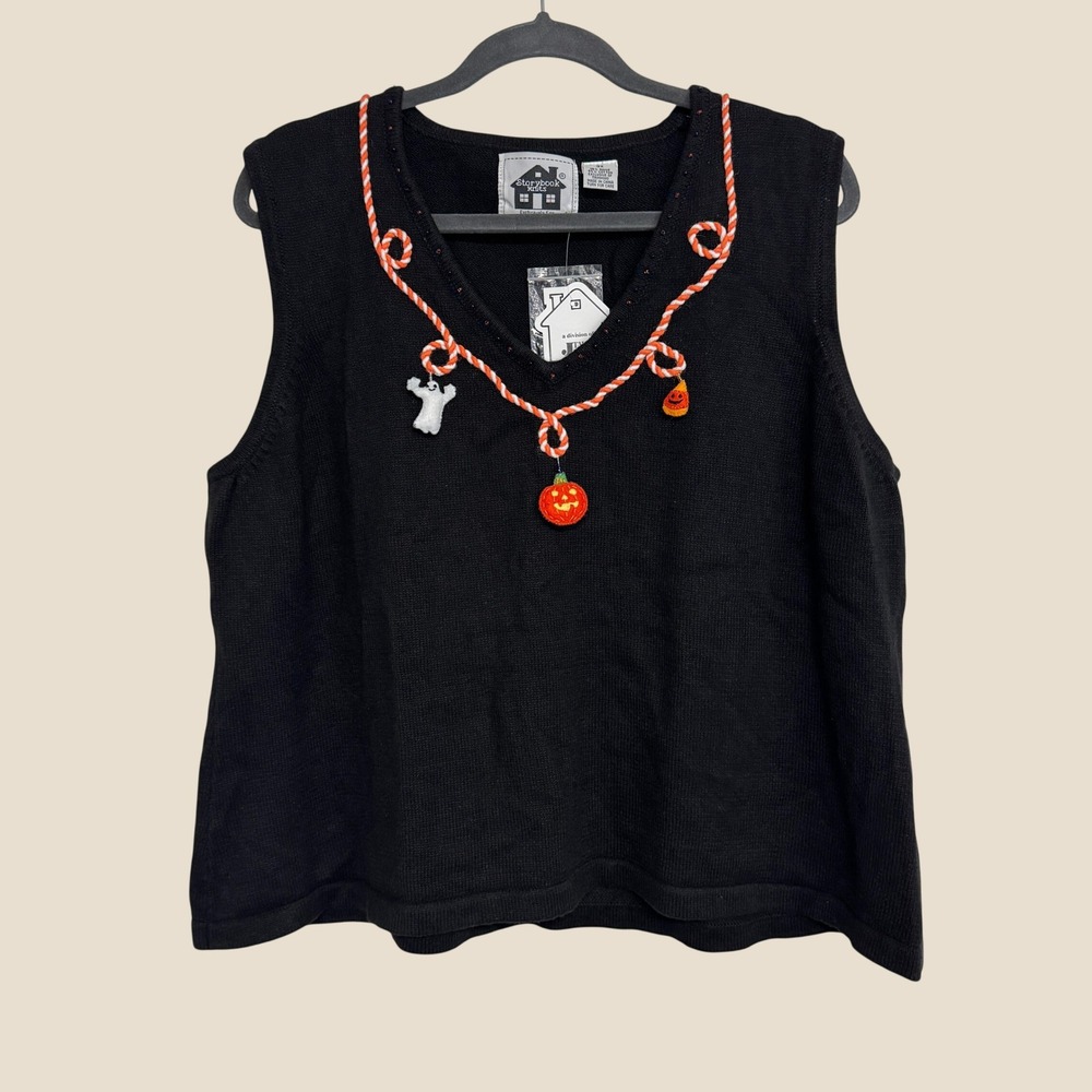 VTG New Storybook Knits 3D Halloween Embellished Black Orange Tank Top Size 3X